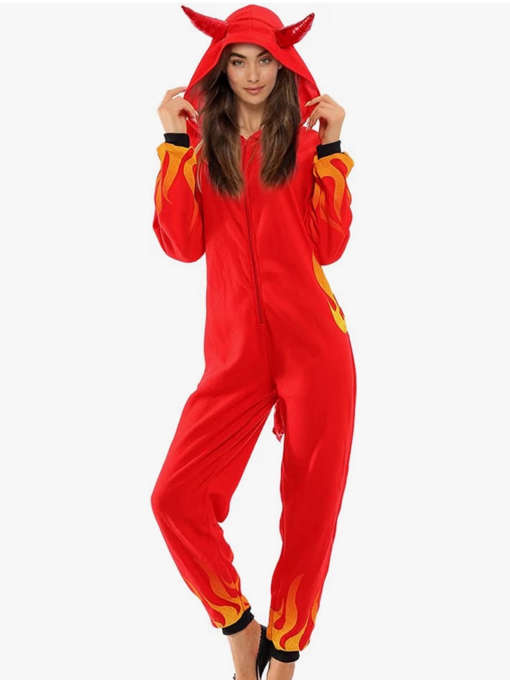 Era Spooky Women’s Red Flame Hooded Devil Horn Onesie Jumpsuit. Size XL.